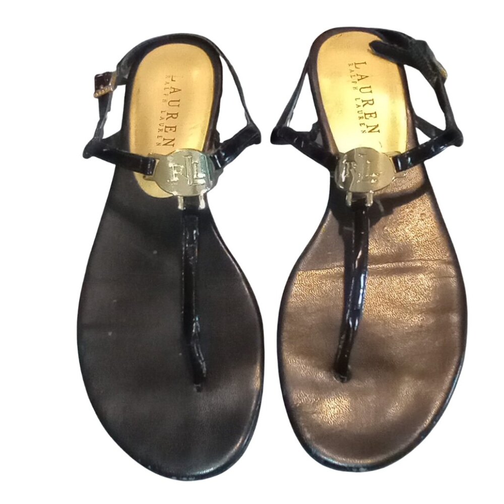 Lauren Ralph Lauren Black Leather Strap Thong Flat Sandals Women's Size 7.5